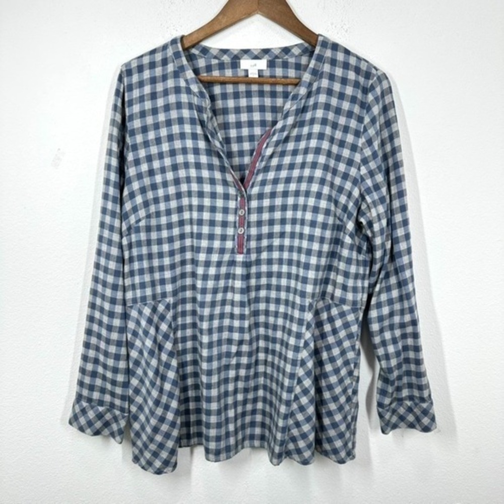 J. Jill Size Large Blue Grey Checkered V Neck Popover Blouse Cozy Casual Fall - Picture 1 of 10